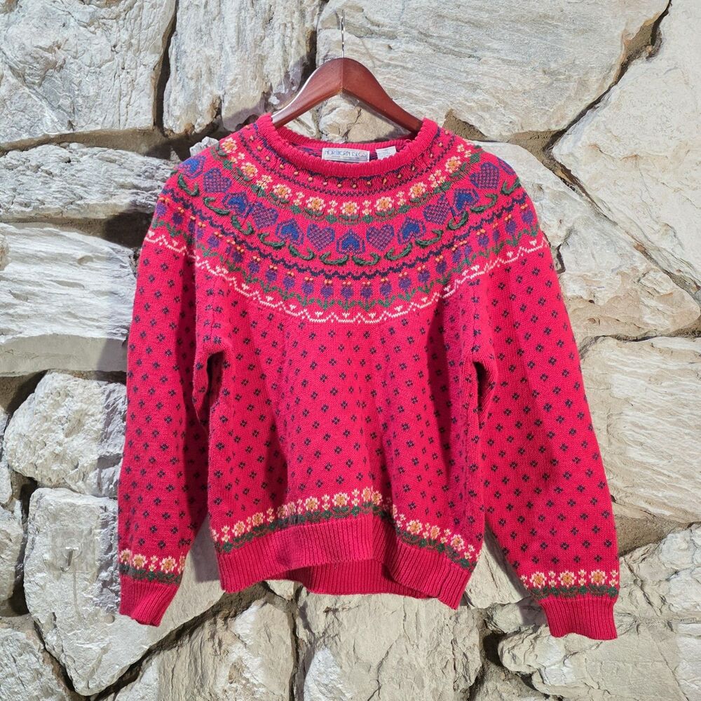 Vintage Northern Isles Kawaii Grannycore Floral Hearts Embroidered Sweater S